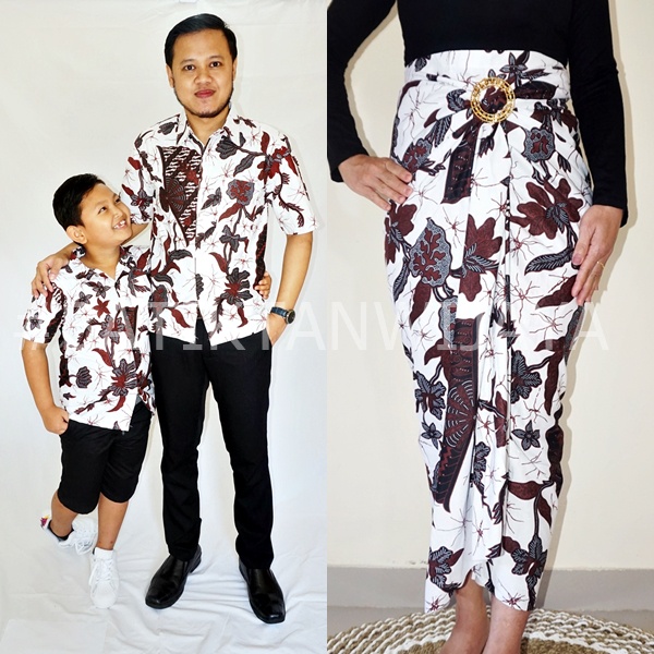 Baju Couple Batik Family Mama Rok Lilit Papa dan Anak Cowok Kemeja Pendek Motif Kipas Putih Jogja