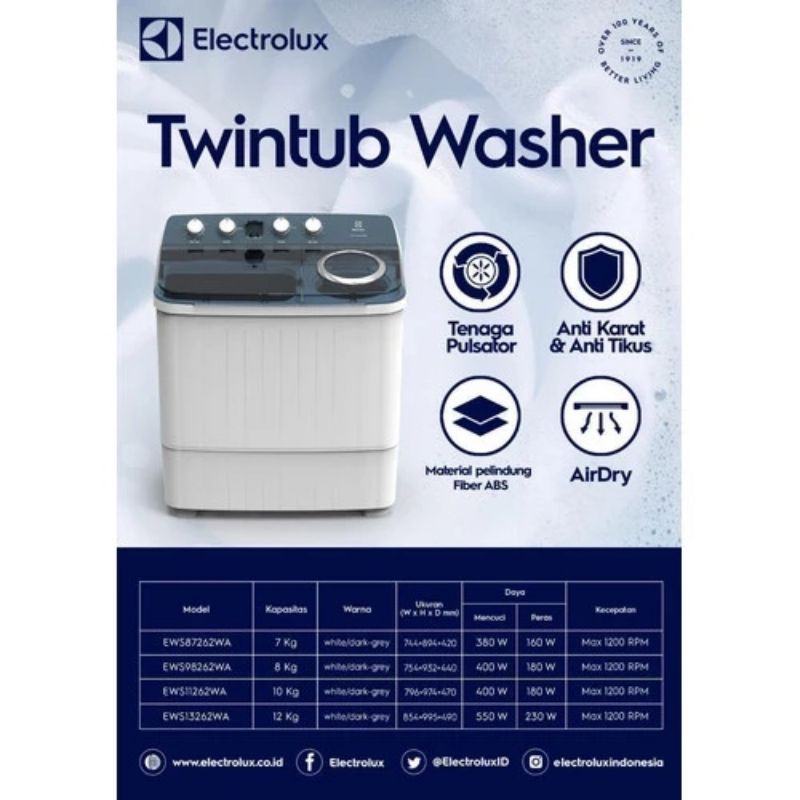 Mesin cuci 2 tabung Electrolux EWS13262 12kg