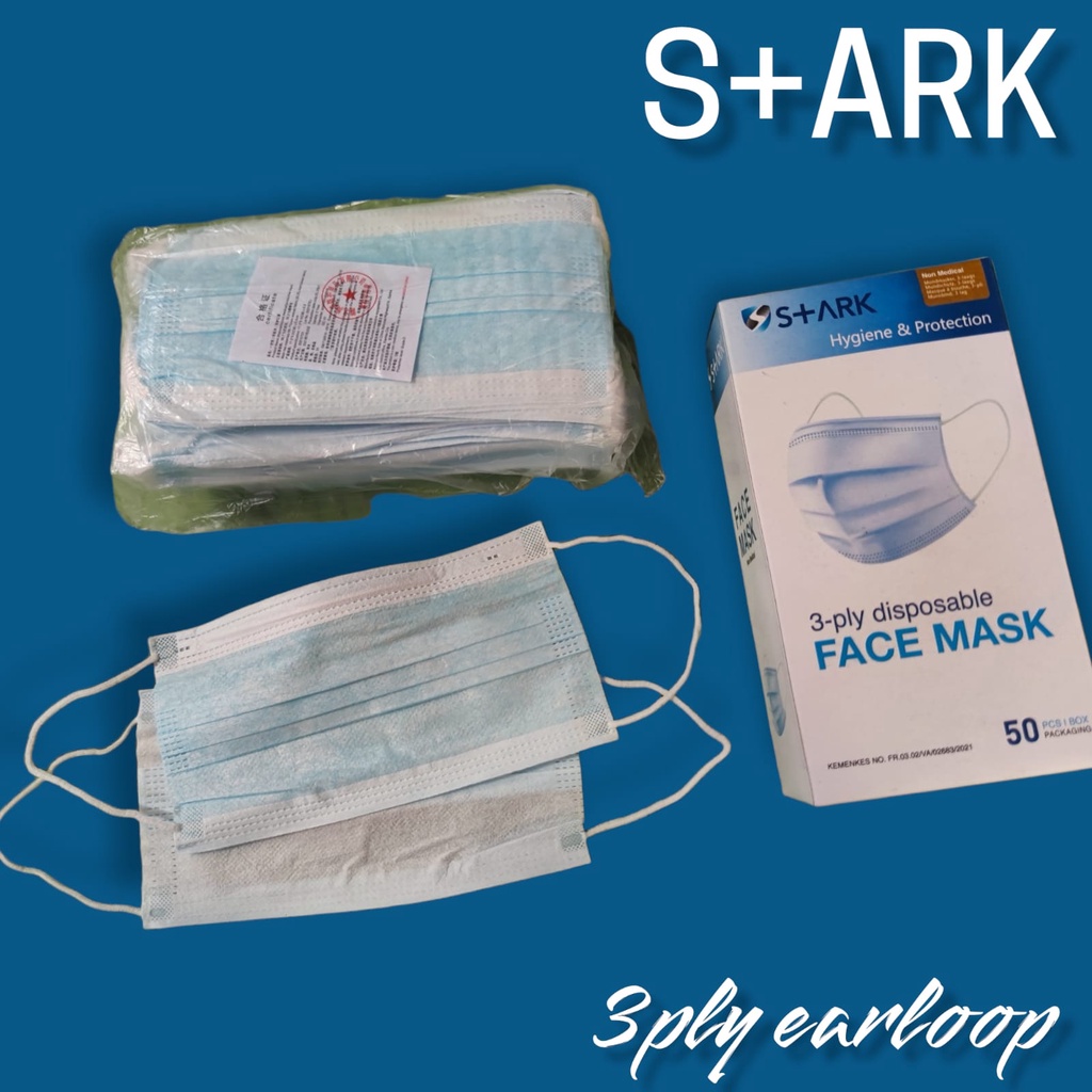 STARK 3PLY BIRU - MASKER 3PLY EARLOOP STARK DISPOSABLE PROTECTIVE MASK EARLOOP ISI 50 KEMENKES - BIRU