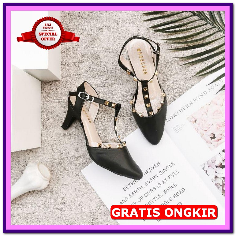 High Heels Wanita Kelsey Motif Pita Ala Ala Korean Style Bahan Kanvas  Heels Stud Valentin Sdp 02