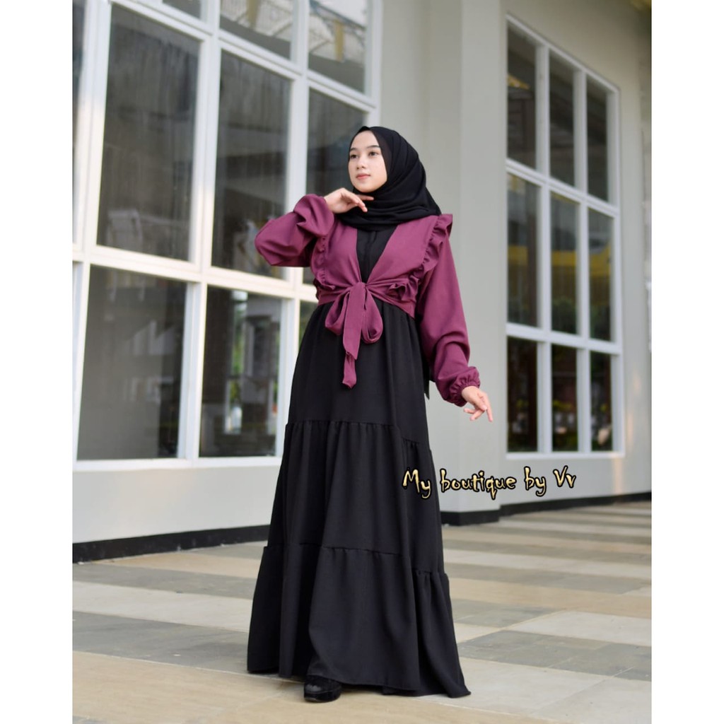 GAMIS SET ROMPI ALULA canda susun itycrepe mix cardigan rompi bisa di lepas gamis kerja wanita muslim