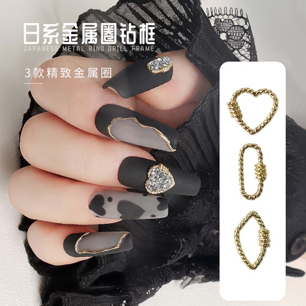 MXBEAUTY 3D Nail Charms DIY Metal Ring Frame Nail Art Sticker Hollow Diamond Nail Ornament 10pcs Gold Heart Nail Decal