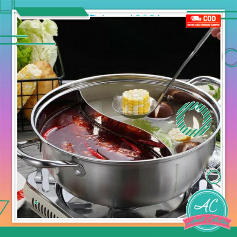 Panci masak rebus shabu 2 sekat premium diameter 28cm tutup kaca hot pot steambot stainless steel