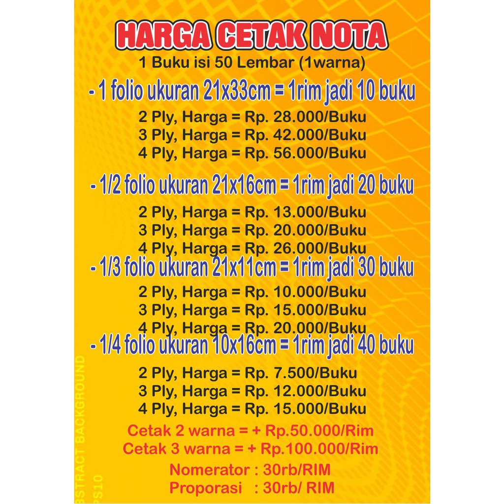 

Cetak Nota 1 rim 3 Ply / Rangkap ( Custom NCR INVOICE BON ) 3ply 1rim