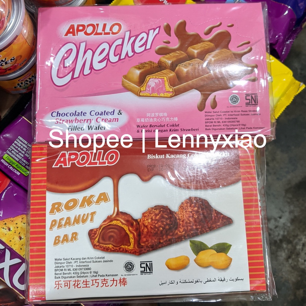 

Apollo Checker Apolo Chocolate Coated Coklat Strawberry Wafer Salut Biskuit Kacang Roka Peanut Bar