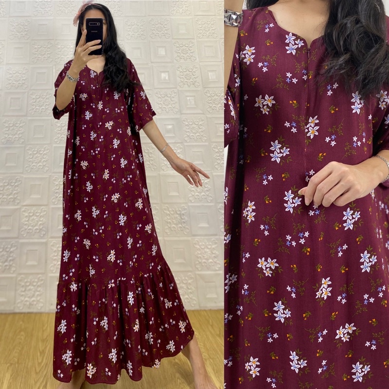 daster MONA tangan 3/4 PB 130cm /daster panjang rempel tangan 3/4  JUMBO premium sleting /busui/rempel tangan 3/4/ tangan pendek/ tali grosir ecer SEMATA KAKI RAYON-Mona lili maron