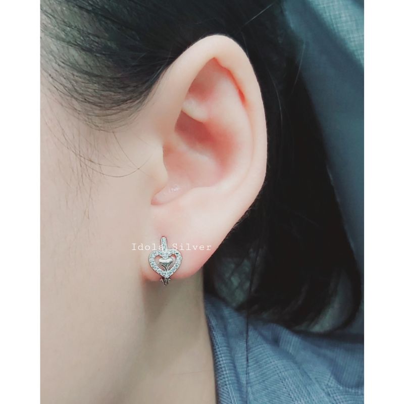 ANTING PERAK ASLI SILVER 925 LAPIS EMAS MODEL JEPIT LOVE PERMATA - PERHIASAN PERAK WANITA