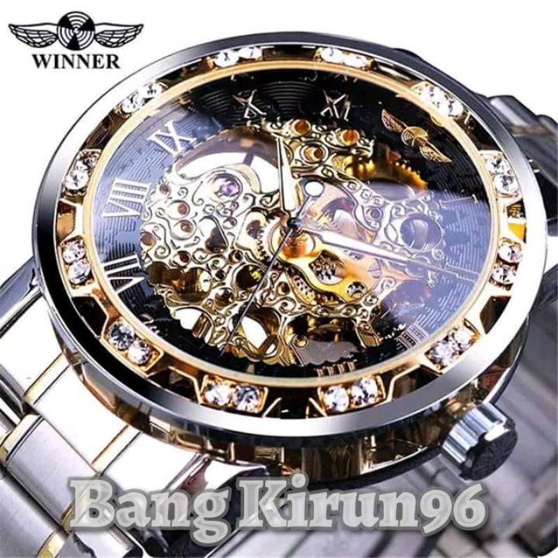 Jam Tangan Mekanik Winner Diamond Gold Hitam Free Box Shopee Indonesia