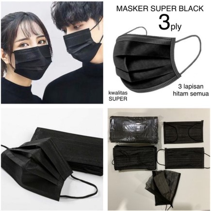 Masker Earloop Hitam / Masker Hitam non hijab / Masker hitam bukan Duckbill