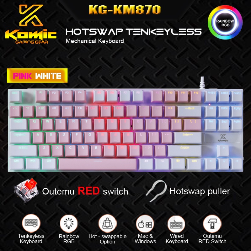 Keyboard Gaming Mechanical Hotswap Komic KG-KM870 TKL Pink White - NEW RED Switch Outemu - Hotswap K