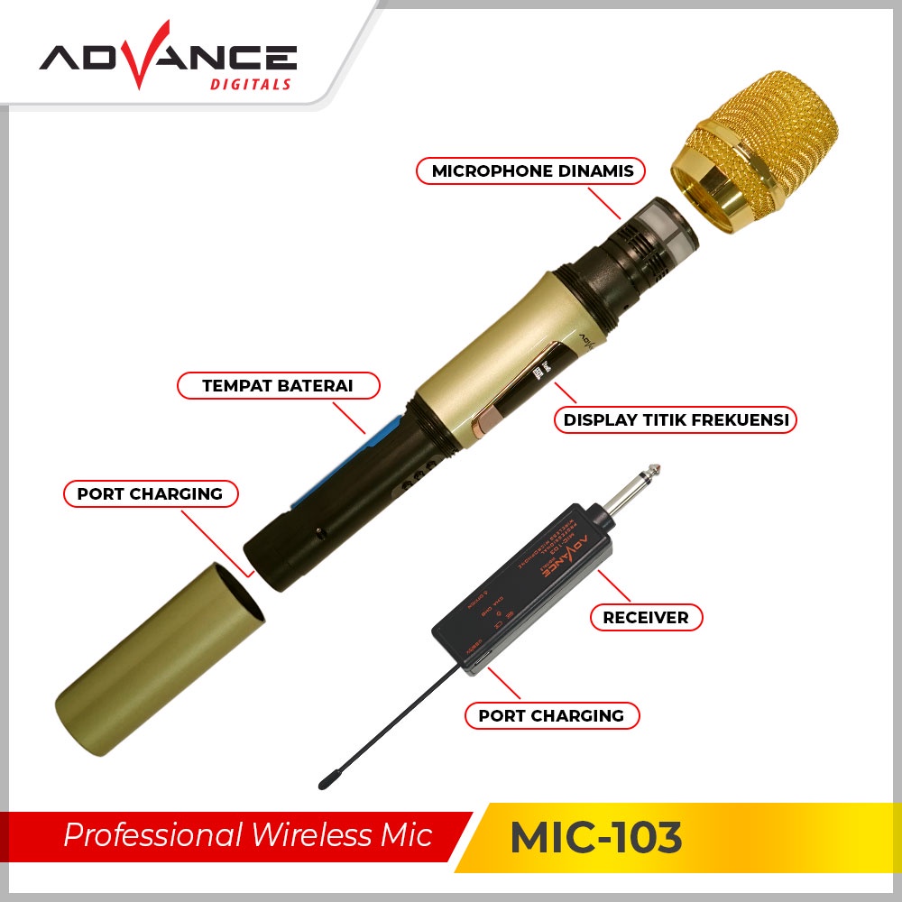 【Garansi 1 Tahun】Advance Mic-103 Microphone Profesional Mic Wireless Gold Bisa di Charger