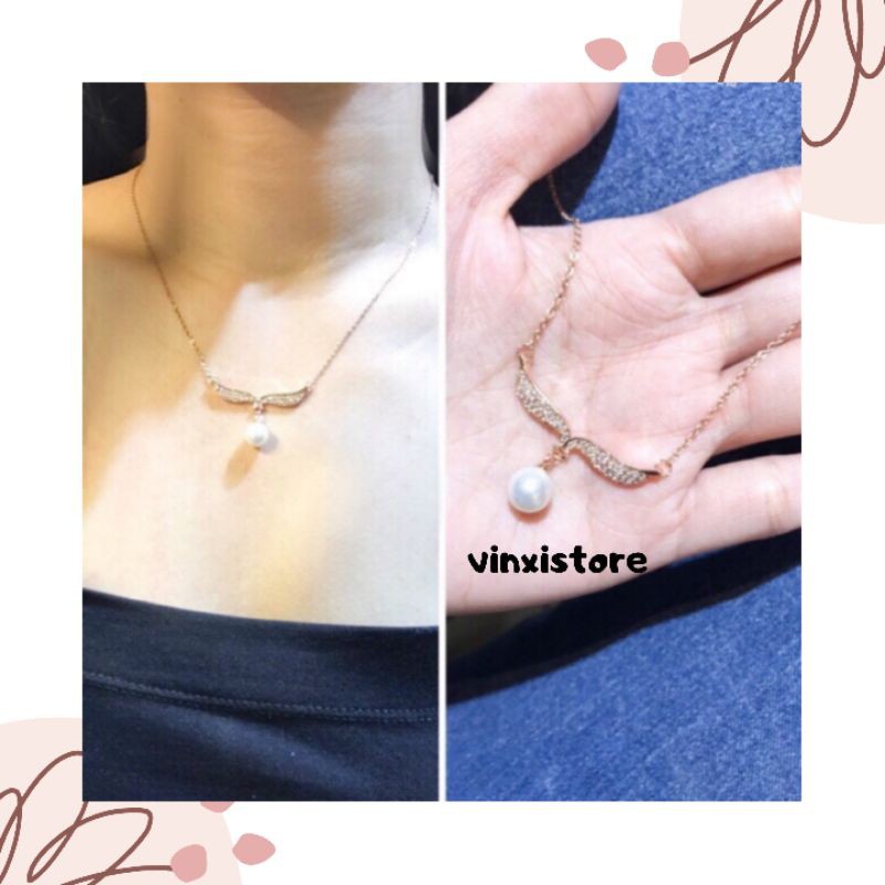 Kalung Titanium Import Premium Sayap Mutiara Diamond Aksesoris Fashon Wanita