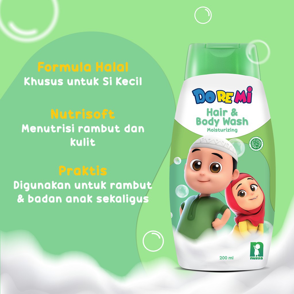 Doremi Nussa Kids Hair and Body Wash 200 ml - Shampo Sabun Anak Hijab Halal Botol / Pouch 200ml