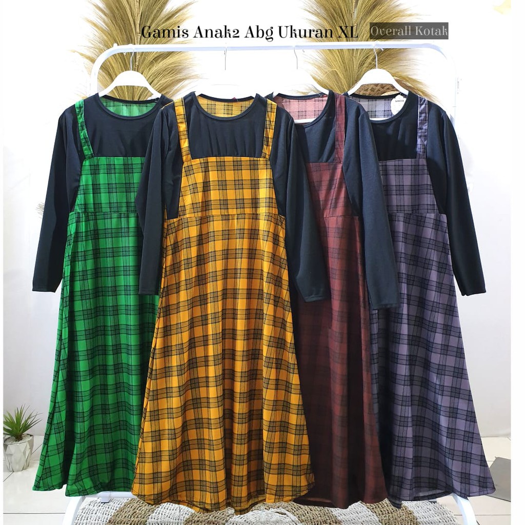 WESTYLIS GAMIS ANAK PEREMPUAN MODEL OVERALL PRINTING KOTAK ( 6-13TAHUN ) GAMIS ANAK CANTIK TERBARU
