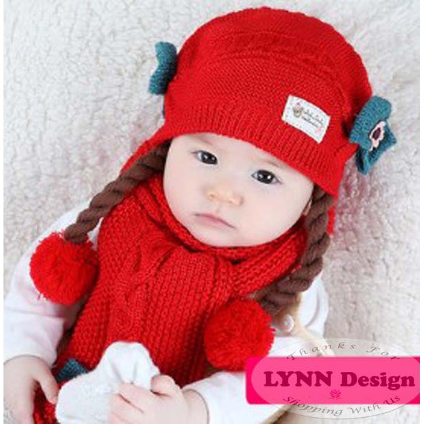 Korean Topi rajut Pom pom kepang rambut palsu anak bayi_Cerianti