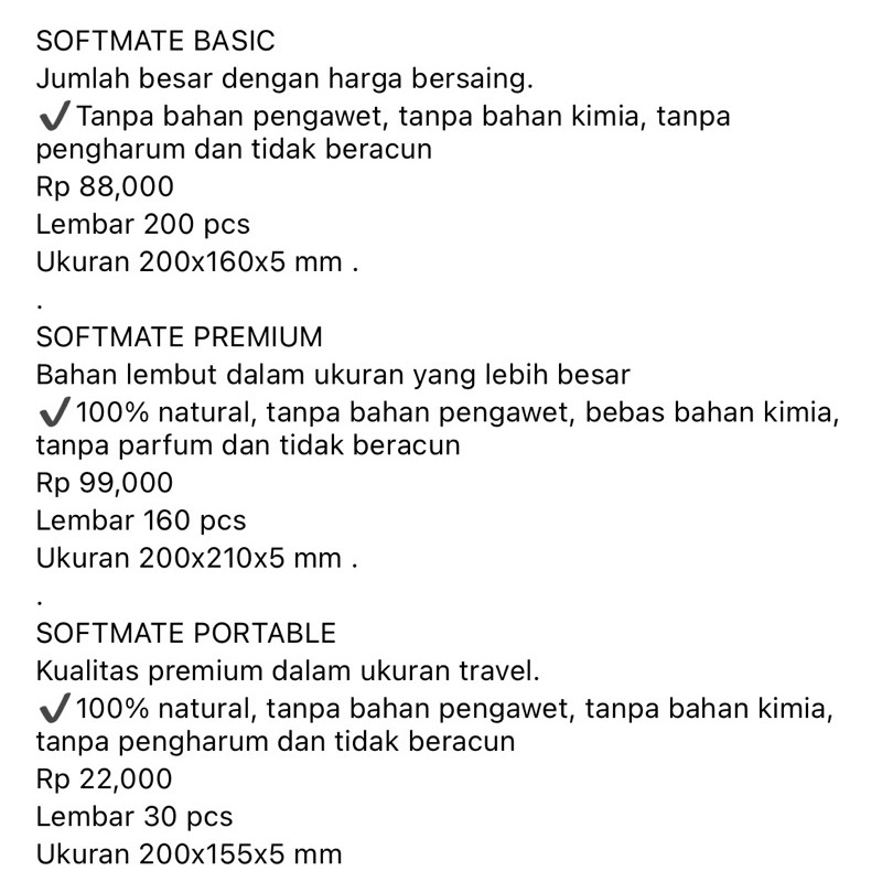 Softmate Tissue Premium 160s / Basic 200s / Portable Travel 30s