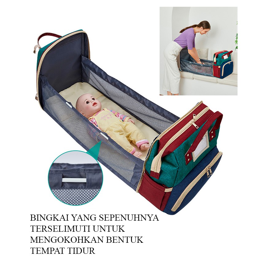 LBS Tas Bayi Multifungsi Tempat tidur lipat Baby diapers bag Perawatan Perlengkapan Ransel Backpack Canvas Anti Air