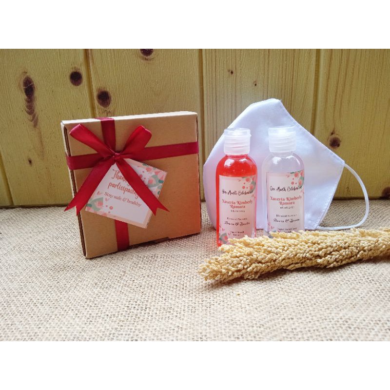Souvenir pernikahan hand sanitizer spray & hand soap 60 ml 60ml + masker kemas box rustic