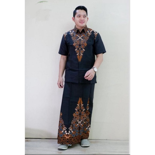 setelan sarung batik kemeja batik solo modern motih ahwan hitam batik solo