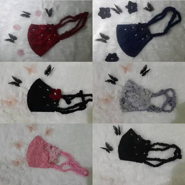 Masker hijab tali serut motif brukat 3D