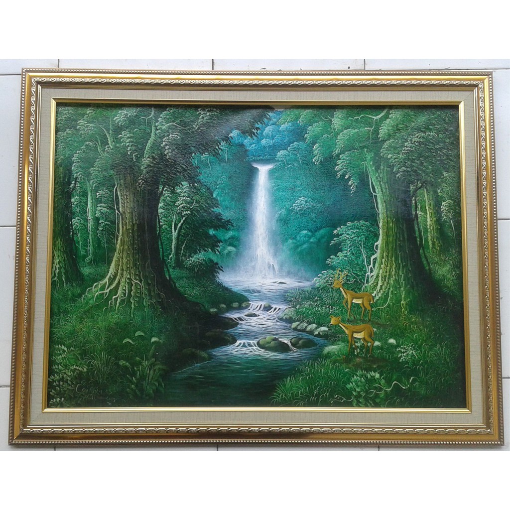 Lukisan Pemandangan Air Terjun Di Hutan Dan Kancil Rusa Shopee