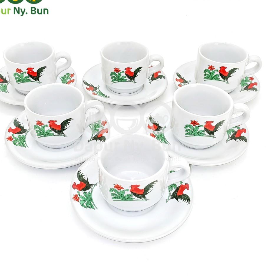 ☐ 6 Pasang Cangkir Set Kopi Motif Ayam Jago JADUL / Gelas & Saucer ㅠ