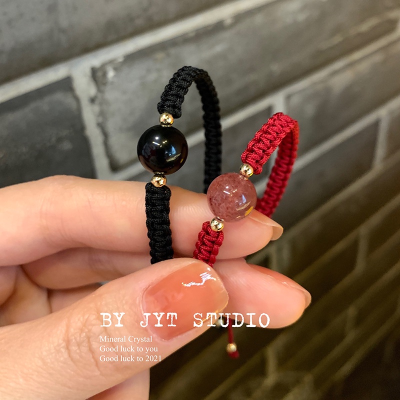 Gelang Manik-Manik Kristal Obsidian Strawberry Untuk Wanita