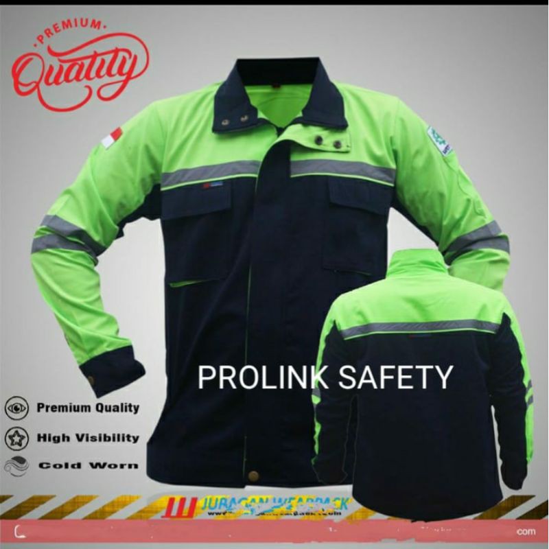 SERAGAM SAFETY PREMIUM ORIGINAL SEMI JAKET HIJAU STABILO DONGKER FREE LOGO K3 BENDERA REAL PICTURE