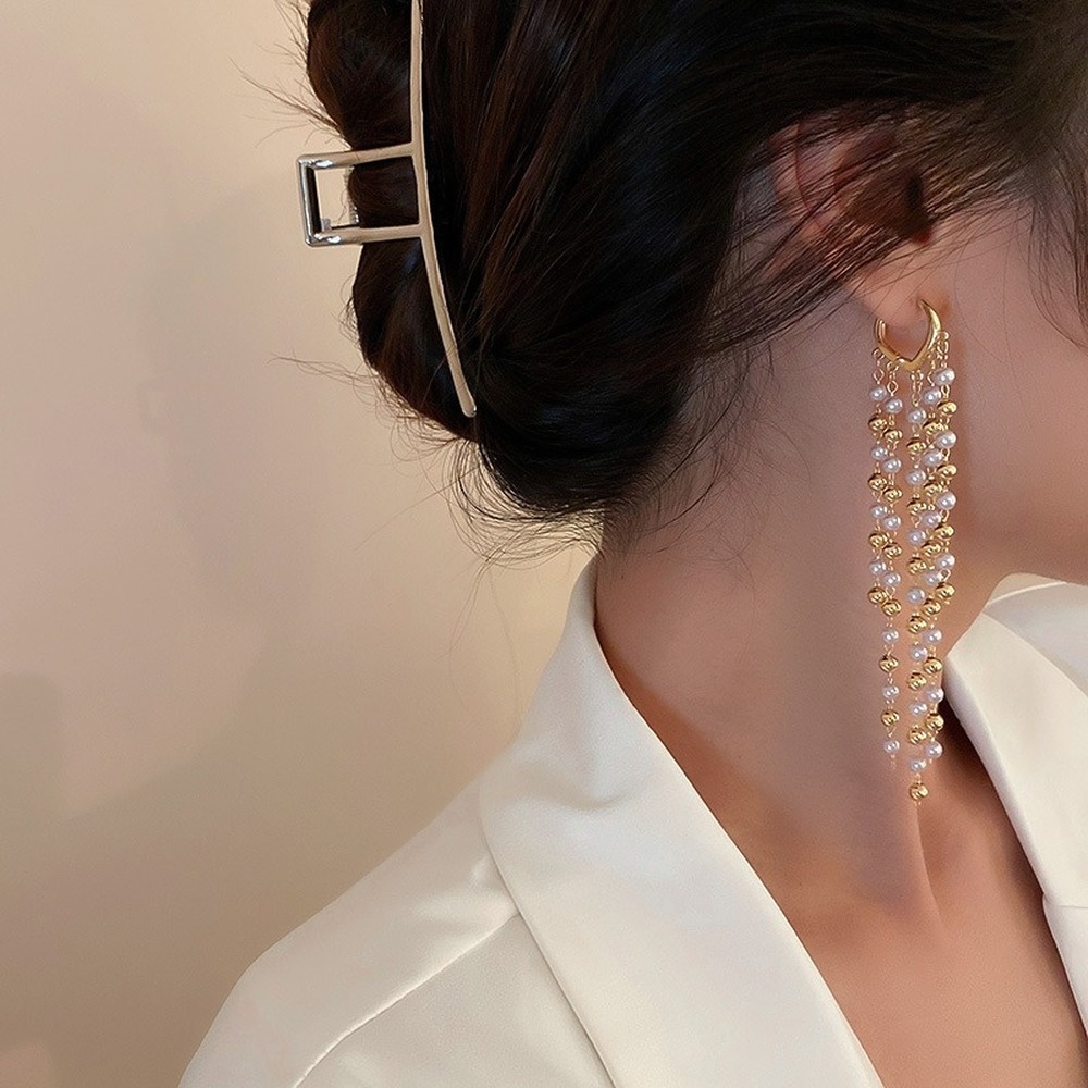 Anting Gantung Panjang Model Rumbai Dengan Mutiara Untuk Wanita