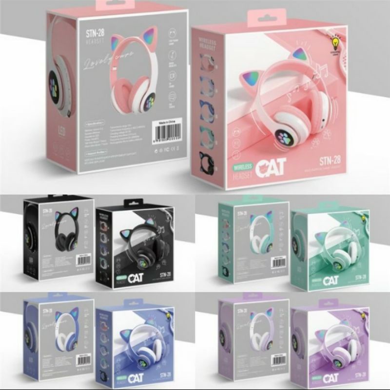 Headset Headphone Bluetooh Gaming STN28 Cute Cat Ear Macaron Lampu LED