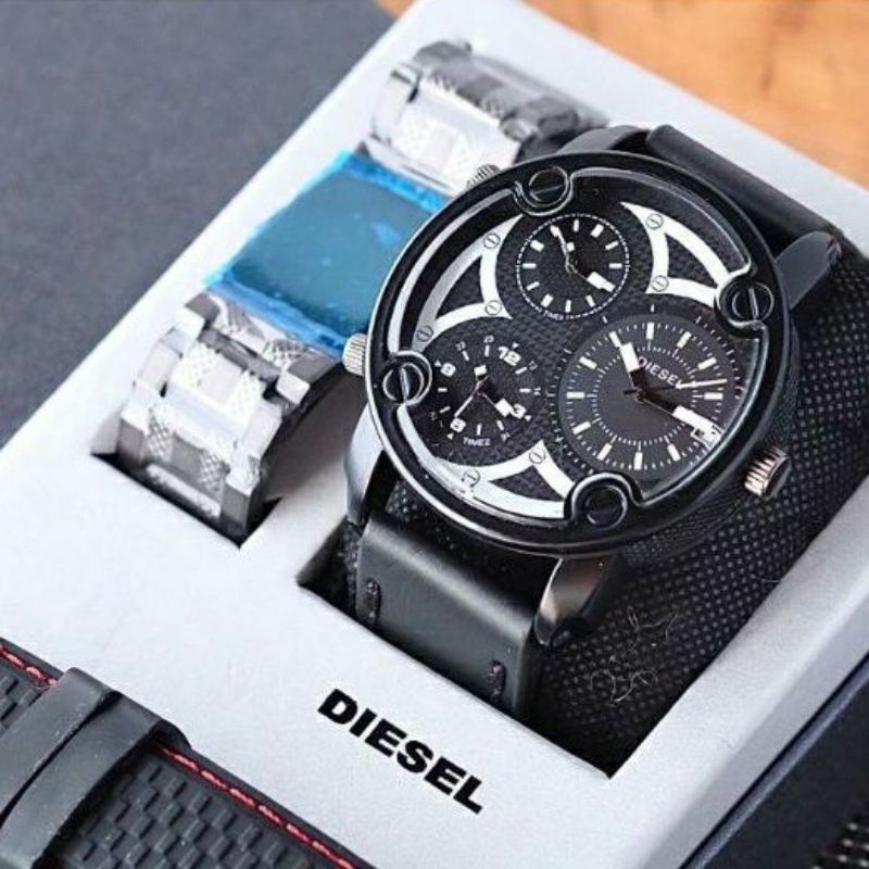 JAM TANGAN PRIA DIESEL KULIT 3TIME PAKET FREE TALI RUBBER DAN RANTAI