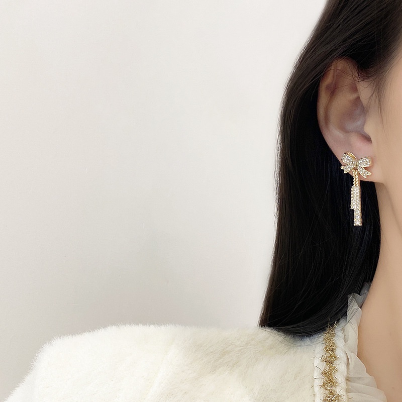 Anting Tusuk Gantung Sterling silver 925 Desain Pita + Rumbai Hias Berlian Untuk Wanita