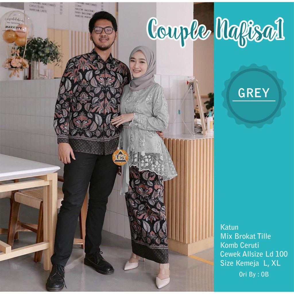 Batik Brokat Kebaya Couple Jumbo Modern, Kebaya Tunangan Sarimbit Kondangan, Kebaya Wisuda Amalia-Couple Grey