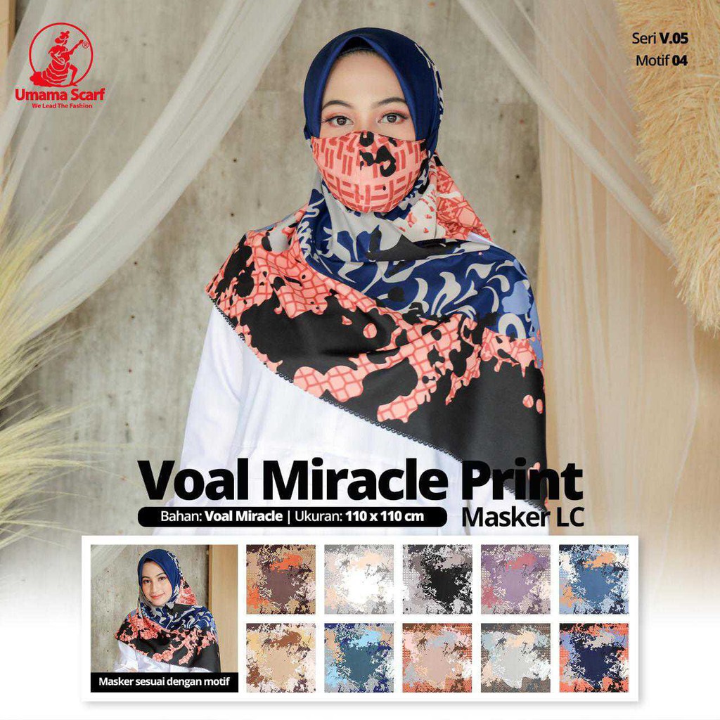 Jilbab Voal Miracle Plain Print Motif + Masker Pilih Motif