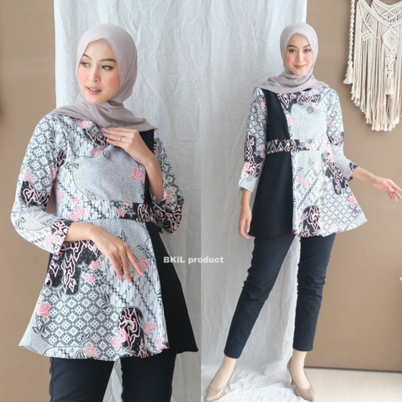 tey-17 Batik wanita ASJ SA HRB026 Kenongo Kemeja Tosca Pendek-B Simply Hitam