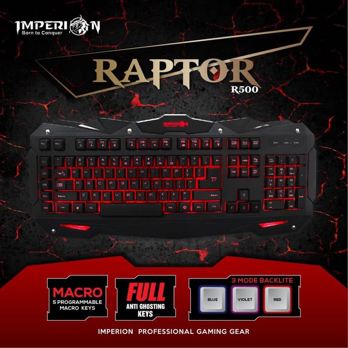 Keyboard gaming Imperion wired usb 2.0 membrane multimedia fullsize 109 keys led backlight with macro program Raptor kg-r500 r-500