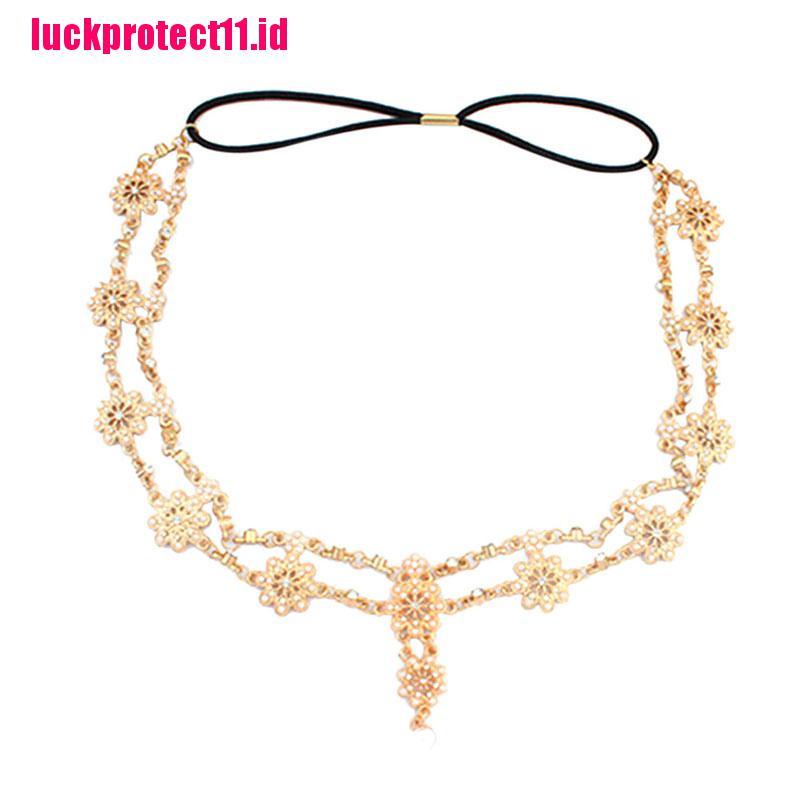 (LUCK) Bandana Rantai Aksen Mutiara + Berlian Imitasi Untuk Perhiasan Wanita
