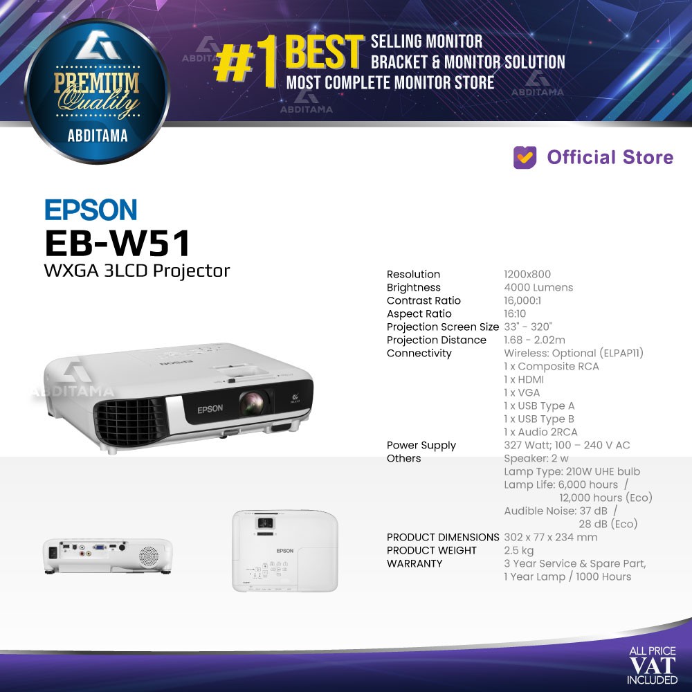 Proyektor Projector Epson EB W51 wxga 4000m Wifi D-sub Hdmi Usb 3lcd