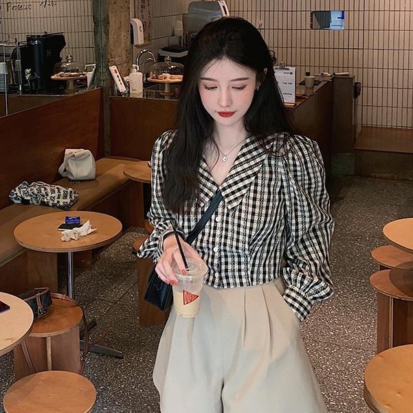 kemeja korea wanita kemeja lengan panjang antik kotak kotak wanita