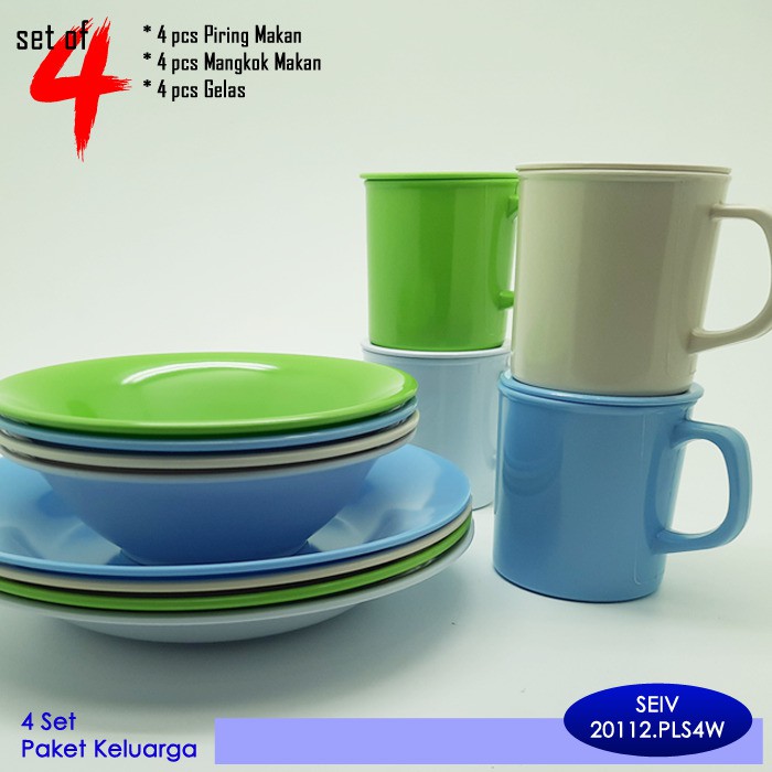 SET OF 4 - Peralatan Makan Piring Mangkok Gelas Melamin