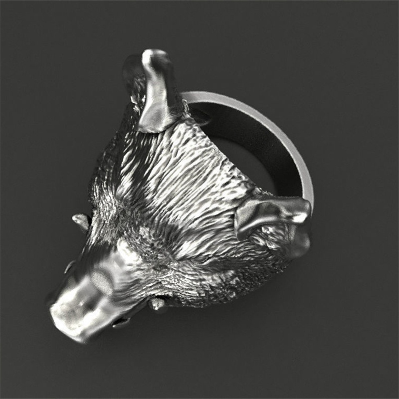 Cincin Desain Kepala Boar Gaya Retro Punk Untuk Pria