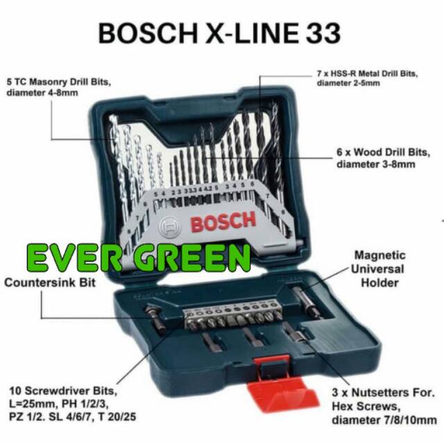 MATA BOR set BOSCH X-LINE 33 pcs dan MATA OBENG set BOSCH X-LINE 33 mesin bor listrik gerinda tangan