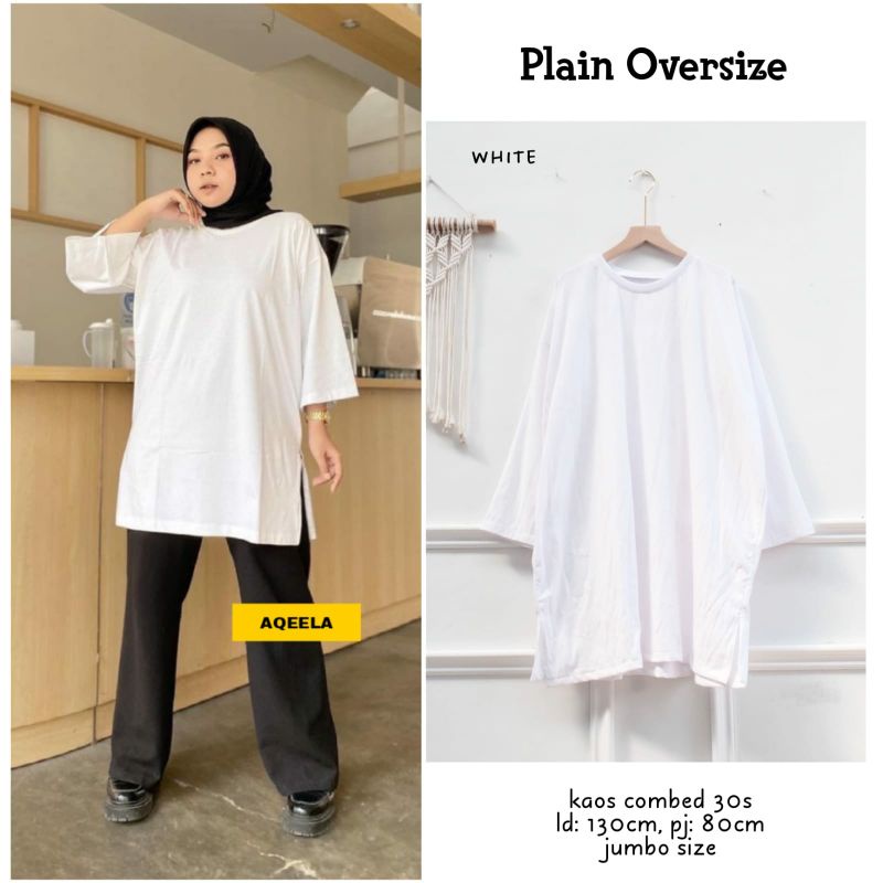 Putih Broken white Plain Tunik / Kaos combed Oversize Tangan 7/8 Jumbo Ld 130 M-XXXXL Long tunic Pol