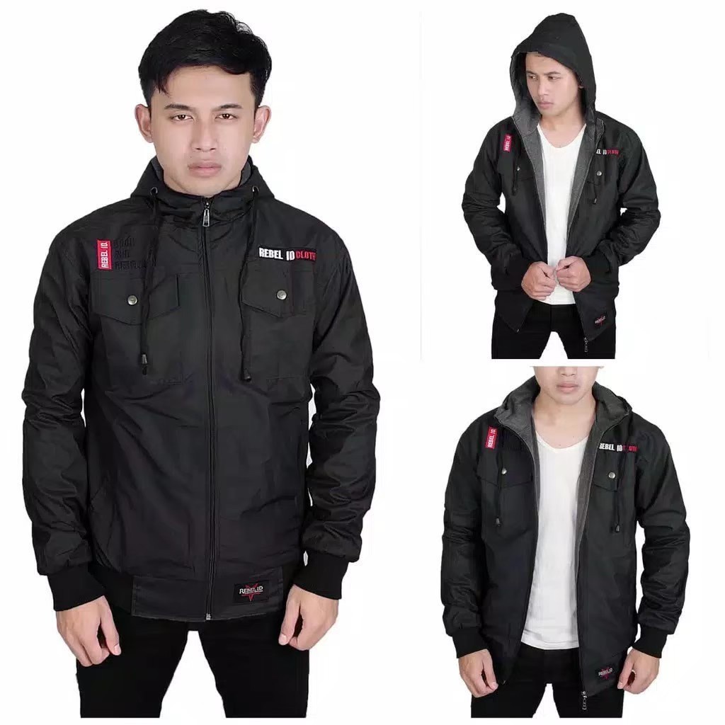 JAKET PARASUT PRIA TERBARU/JAKET MUSIM DINGIN PRIA/HOODIE TEBAL/PAKAIAN GUNUNG COWOK/DISTRO KEREN-SP HITAM