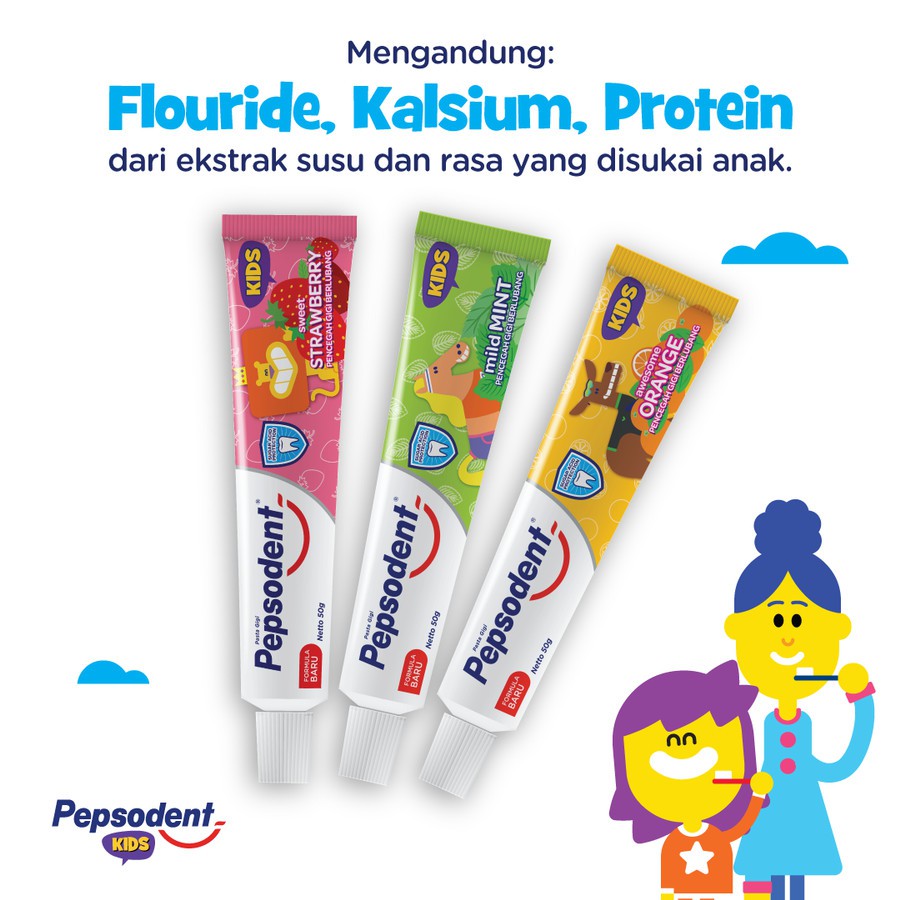 PASTA GIGI ANAK PEPSODENT KIDS TOOTH PASTE CHILDREN STRAWBERRY FLAVOUR 50G STROBERI