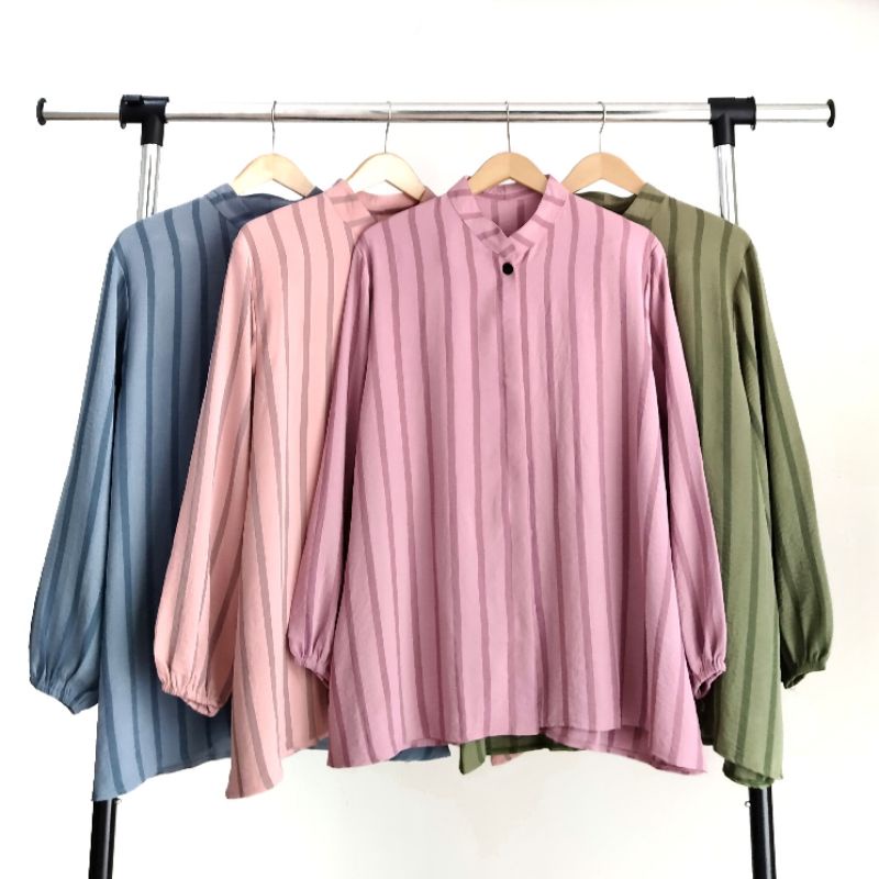 Pristina Kemeja Jumbo Wanita LD 120 Garis Salur Lengan Panjang Silky Wrinkle Crinkle Import Kancing 