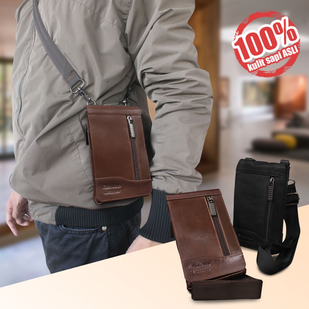 WAIST BAG TAS PINGGANG HP BAHAN KULIT SAPI ASLI MULTISLOT UNTUK HANDPHONE FREE TALI &amp; CARABINER P021