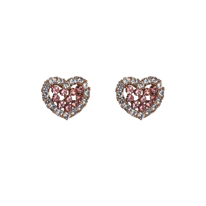 Anting Tusuk Bentuk Hati Pink Bahan Alloy Hias Berlian Imitasi Untuk Wanita