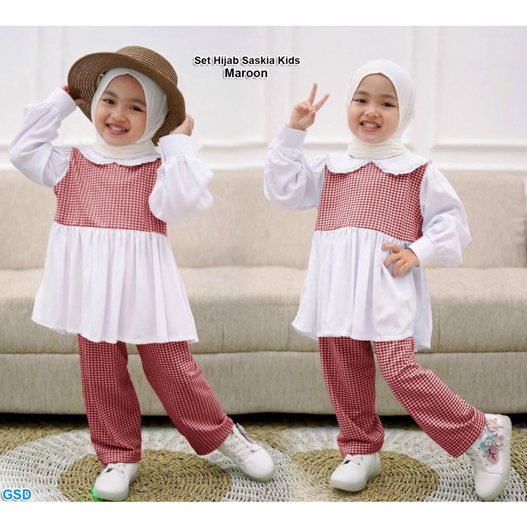 Set Hijab Saskia Kids/Baju Muslim Anak Perempuan / Setelan Baju &amp; Celana Kotak Kotak GRATIS Hijab Instan Anak / Set Hijab