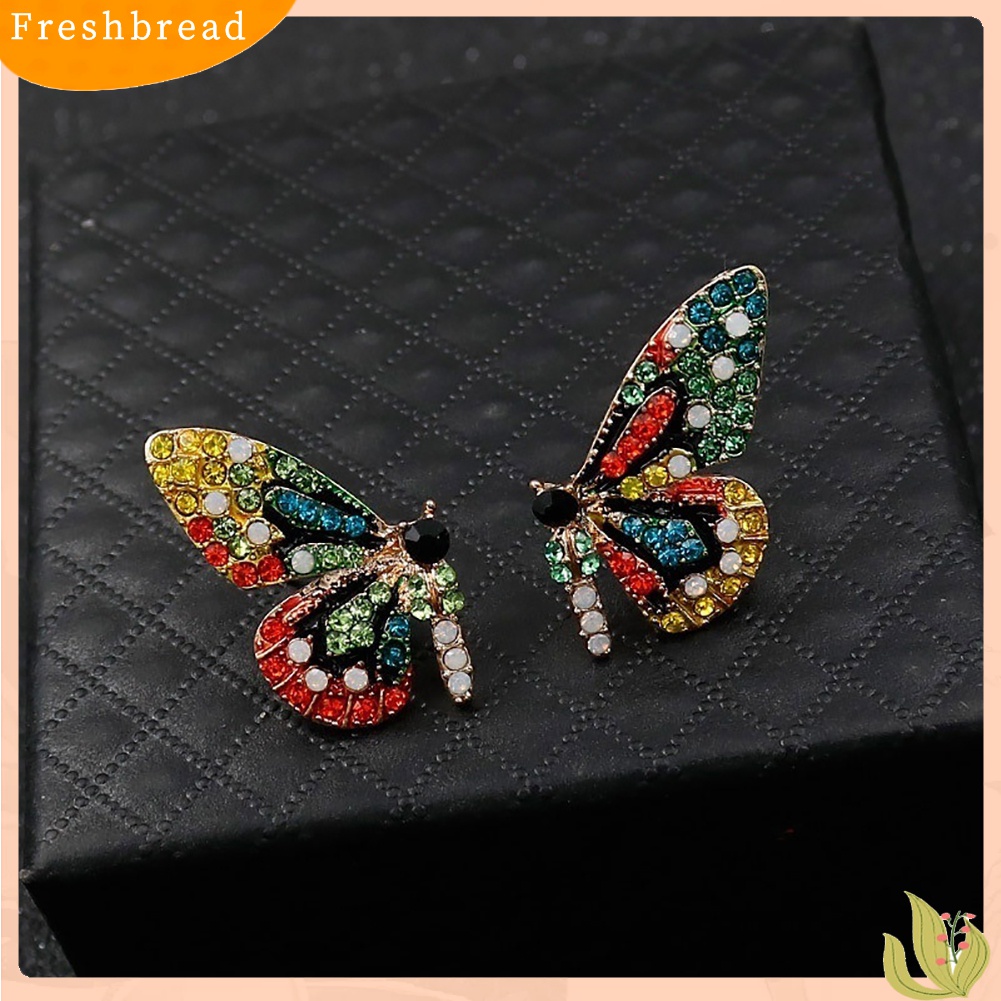 Fresh| Anting Stud Bentuk Kupu-Kupu Aksen Berlian Imitasi Warna-Warni Untuk Wanita